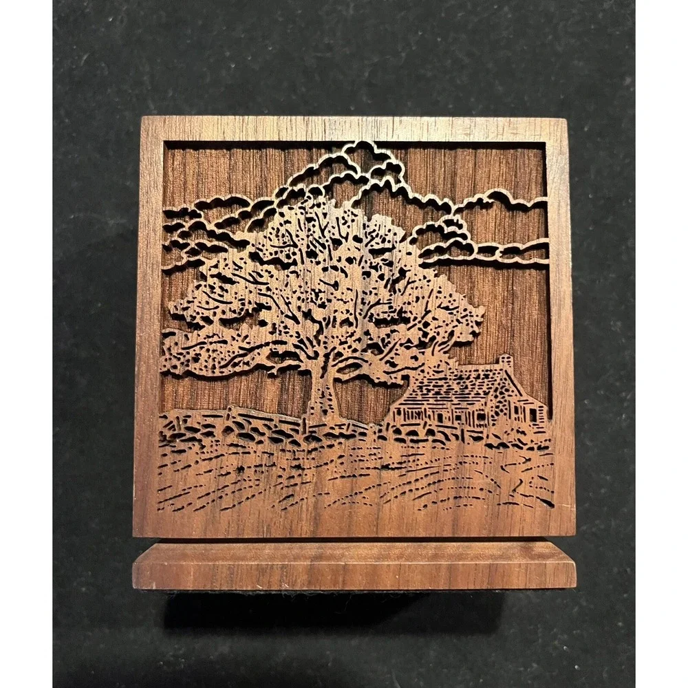 Vintage Lasercraft 1977 Laser Engraved Wooden Walnut Desktop Pencil Pen Holder